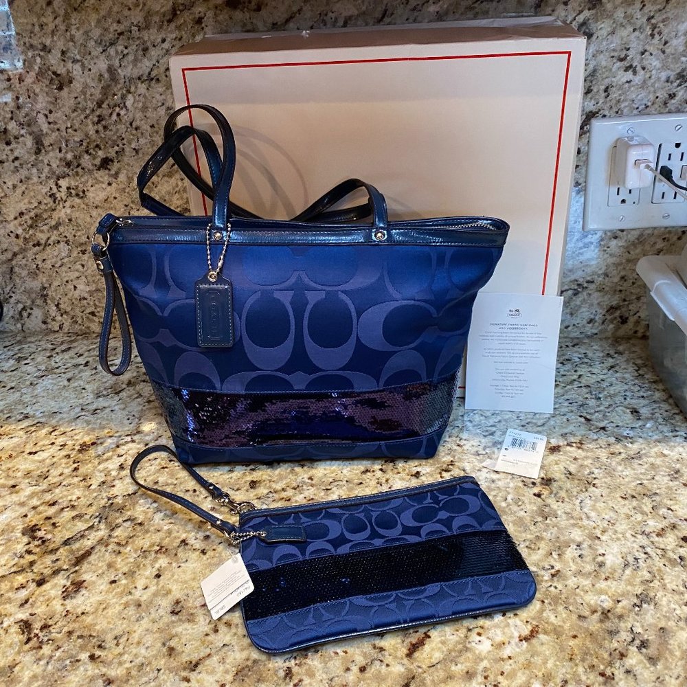 Coach Signature Dark Blue Sateen Sequin Tote W/NWT Matching Wristlet F17574